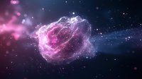 Glowing pink and blue energy particle cloud with luminous bokeh effects on dark background, suitable for sci-fi, technology, and digital design projects.