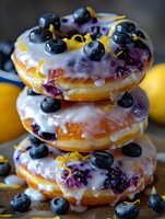 Stack of glazed donuts topped with fresh blueberries and lemon zest drizzled with purple berry glaze on rustic wooden surface for bakery menu design.