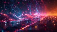 Abstract digital wave landscape with glowing particles and light trails in neon pink and blue colors against dark background, creating futuristic technology visualization.