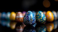 Colorful decorated Easter eggs with traditional folk art patterns in dark setting with reflection on black surface. Vibrant blue and gold designs create festive mood.