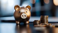 Bronze piggy bank with stacked coins on desk representing savings, financial planning, investment growth and money management for business success.