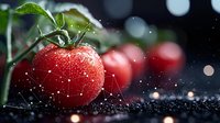 Fresh red tomatoes with water drops and geometric light pattern overlay on dark background with bokeh effect and selective focus for food photography.