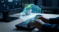 Businessman hands typing on laptop with glowing cloud computing hologram displaying data storage, network connectivity and digital transformation concepts.