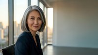 Middle-aged woman with gray hair wearing dark blazer, smiling at camera in modern office with city skyline view through windows, corporate portrait.