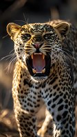 Close-up portrait of aggressive leopard showing fangs and roaring. Dramatic lighting highlights spotted coat pattern and fierce expression in natural habitat setting.