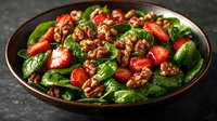 Fresh spinach salad with juicy strawberries and candied walnuts on dark ceramic plate, close up view against textured black background.