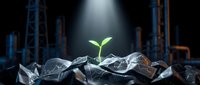 Green plant seedling growing from pile of plastic waste in dark industrial warehouse with dramatic lighting symbolizing environmental hope and sustainability.