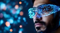 Young man wearing futuristic glowing blue digital glasses with sparkle effects against dark background with bokeh lights, representing virtual reality technology.