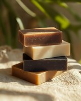 Stack of handmade natural soap bars in earth tones on burlap fabric with soft lighting for spa and wellness skincare products.