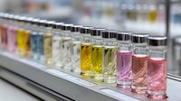 Colorful fragrance bottles in a row at perfume store, showcasing variety of scents from clear to yellow, pink and blue liquids.