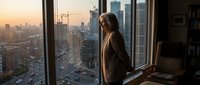 Woman with long brown hair wearing a tan blazer stands at floor-to-ceiling window overlooking sprawling cityscape during golden hour sunset, urban lifestyle and professional ambition concept.