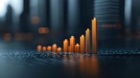 Growing golden bar chart on dark reflective surface with blurred city background shows business growth and financial success trends in modern setting.