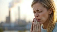 Young Caucasian woman covering mouth while coughing or sneezing outdoors, urban background with industrial buildings and sunset light, showing cold symptoms.