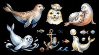 Cute watercolor seal clipart set isolated on transparent background, ready for stickers, t-shirt design, print on demand, and sublimation projects.