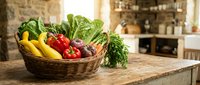 Fresh vegetables in wicker basket on kitchen counter with blurred interior background. Organic produce including peppers, leafy greens for cooking and meal preparation.