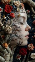 Young woman with closed eyes surrounded by ornate floral arrangement featuring red and cream roses, pearls, and delicate branches against dark background. Artistic portrait.