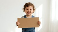 Happy toddler boy with curly brown hair holding blank cardboard sign in bright room for advertising and promotional messages.