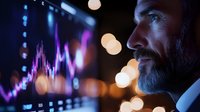 Middle-aged Caucasian businessman analyzing financial data on digital screen with colorful charts and graphs in modern office environment with bokeh lights.