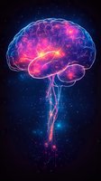 Glowing human brain with neural networks and energy pathways in cosmic space background for medical and science concepts.