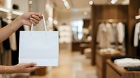 Close-up of customer holding blank white shopping bag in modern retail store with clothing displays and warm lighting in background.