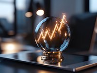 Glowing upward trend graph inside crystal ball on dark background, symbolizing financial prediction and market forecast analysis for business growth.