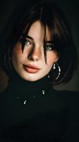 Dramatic close-up portrait of young woman with freckles wearing black turtleneck and gold hoop earrings against dark background, perfect for fashion editorial.
