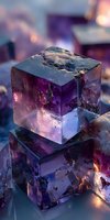 Purple fluorite crystal cubes with natural inclusions and fractures, illuminated with soft light creating magical glow and reflections.