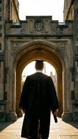 Graduate in black gown walking through ornate stone archway toward bright future, academic achievement and university graduation ceremony concept.