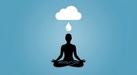 Meditation silhouette with water drop from cloud above, mindfulness and mental clarity concept on blue gradient background for wellness designs.