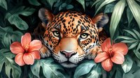 Jaguar face with intense gaze among tropical monstera leaves and coral hibiscus flowers on dark background, artistic wildlife illustration for nature designs.