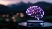 Glowing purple brain hologram floating over black platform against blurred mountain sunset background, depicting artificial intelligence and neuroscience concept.