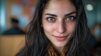 Young woman with dark hair and gentle smile in soft focus portrait with blurred background, conveying warmth and authenticity for lifestyle content.