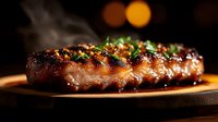 Juicy grilled pork belly with caramelized glaze and fresh herbs on wooden board, steam rising against dark background with bokeh lights.