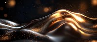 Luxurious flowing waves of liquid gold and silver with sparkling particles on dark background create elegant abstract design for luxury branding and decorative art.