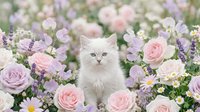 Adorable white fluffy kitten sitting among soft pink roses and purple flowers in dreamy pastel garden setting for pet care and spring themes.