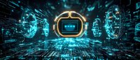 Futuristic chatbot interface with glowing neon circles and digital matrix background in blue and gold colors against dark technological landscape.