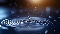 Water drop falling into calm surface creating concentric ripples with bokeh light effects and splashing droplets against dark blue background with dramatic lighting.