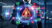 Businessman activating holographic risk management system with warning triangle, checkmarks and X marks in modern office environment for cybersecurity solutions.