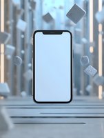 Modern smartphone with blank white screen floating among geometric shapes in soft blue environment. Mockup for app and mobile design presentation.