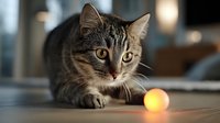 Adorable tabby kitten with golden eyes playing with yellow ball toy on wooden floor in modern home interior for pet care and animal companionship concepts.