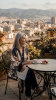 Mature woman with long gray hair, Caucasian ethnicity, sitting at outdoor café table overlooking sprawling cityscape and mountains, enjoying coffee and fresh fruit during daytime. Perfect for lifestyle, travel, wellness, and leisure concepts.