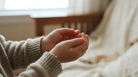 Gentle hands in prayer position wearing cozy knit sweater creating peaceful meditation moment in soft natural light for wellness and mindfulness concepts.