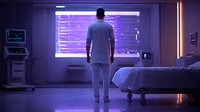 Male medical professional in white uniform standing in dark hospital room illuminated by purple neon light from window, dramatic atmosphere with medical equipment and patient bed.