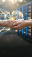 Two hands holding a glowing digital sphere with circuit patterns against a blurred tech background. Represents innovation, technology transfer, and digital collaboration for business and corporate concepts.