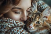 Young Caucasian woman cuddling with Maine Coon cat in cozy knitted sweater, close-up portrait showing emotional connection and tender moment between pet owner and feline.