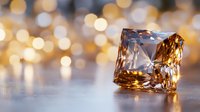 Square cut amber crystal on reflective surface with soft golden bokeh background creates luxurious jewelry atmosphere. Precious gemstone sparkles in warm light.