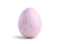 Pink speckled Easter egg with colorful dots and sprinkles pattern on white background, isolated festive decoration for spring holiday celebration.