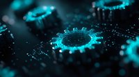 Microscopic view of glowing cyan virus cells on dark background with selective focus and bokeh effect creating scientific medical visualization.