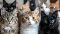 Group of adorable cats with different fur colors and patterns looking at camera, close up portrait of domestic pets showing curious expressions and bright eyes.