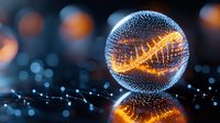 Glowing sphere with luminous energy wave pattern floating over reflective surface against dark background with bokeh lights creates futuristic atmosphere.